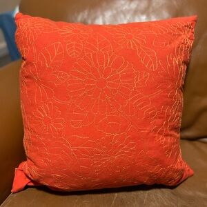 Newport decor coral red pillows with gold trim embroidered sunflowers